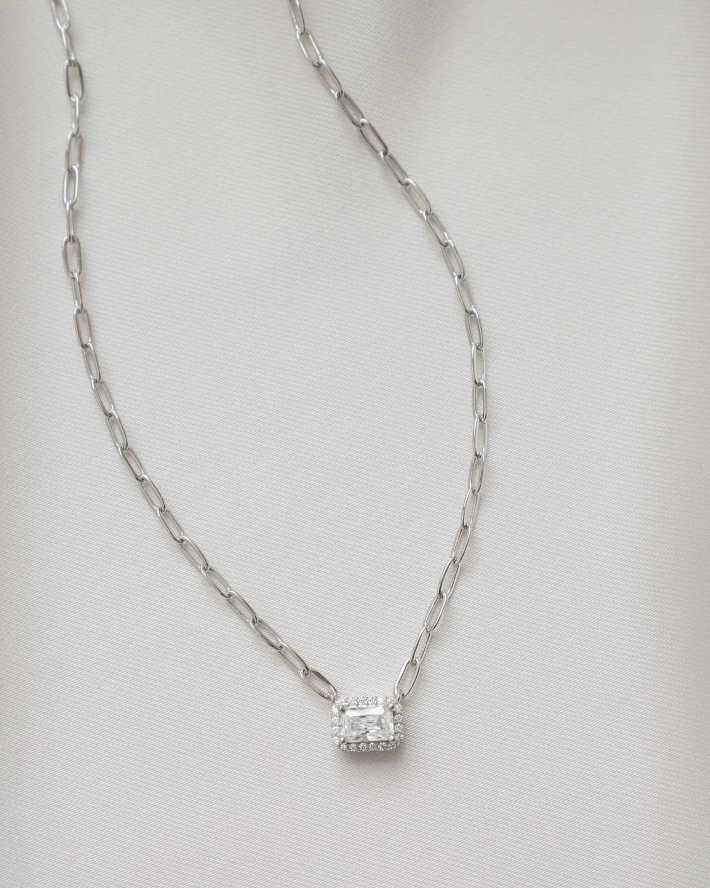 Halo Baguette Necklace w/ Paperclip Chain