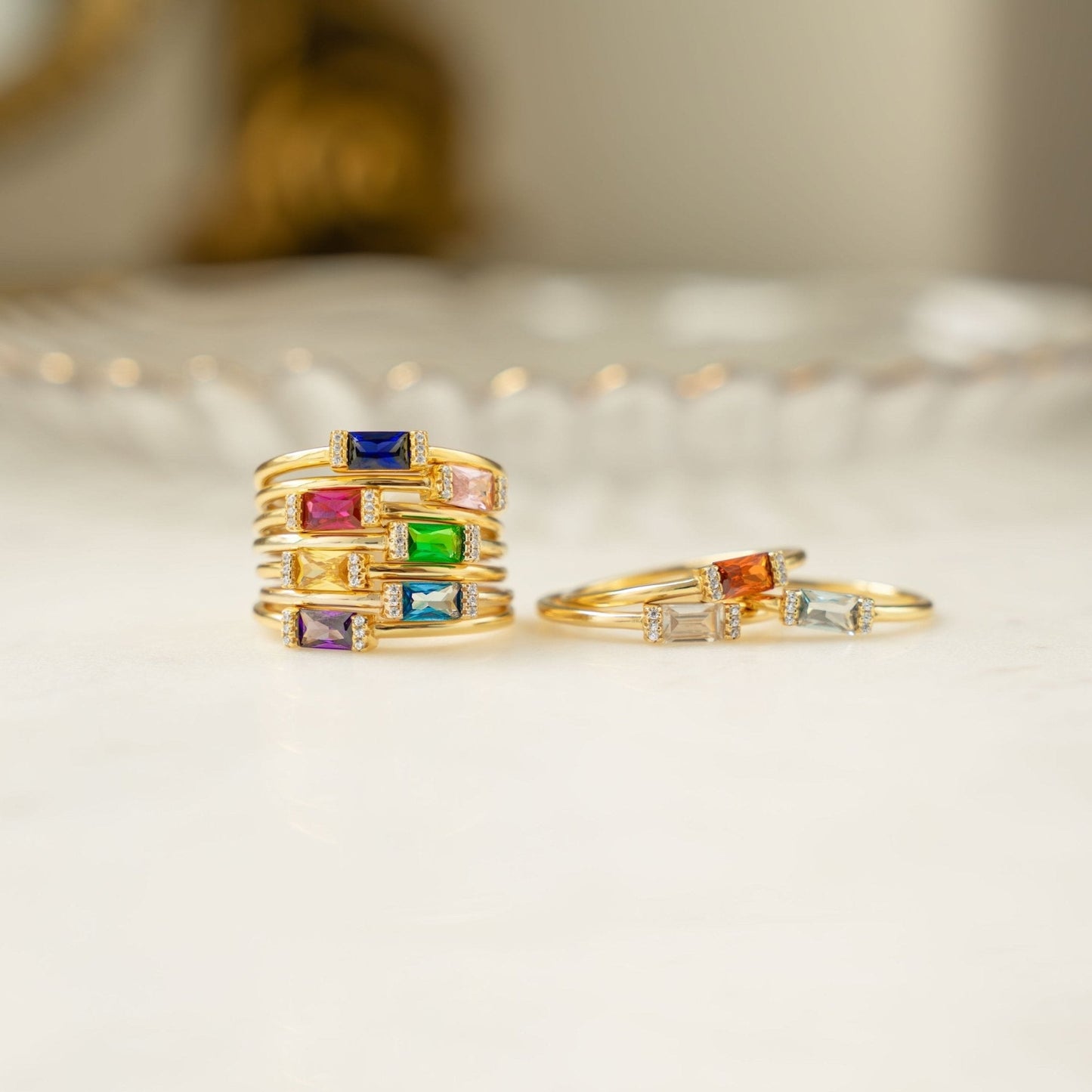 Gold Simple Baguette Birthstone Rings