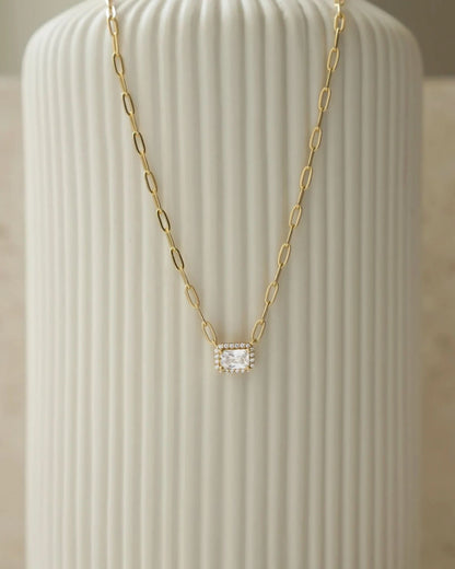 Halo Baguette Necklace w/ Paperclip Chain