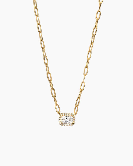 Halo Baguette Necklace w/ Paperclip Chain