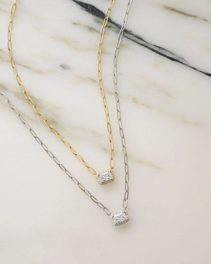 Halo Baguette Necklace w/ Paperclip Chain