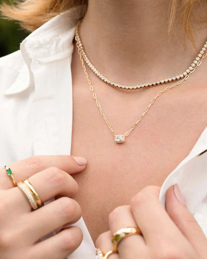 Halo Baguette Necklace w/ Paperclip Chain