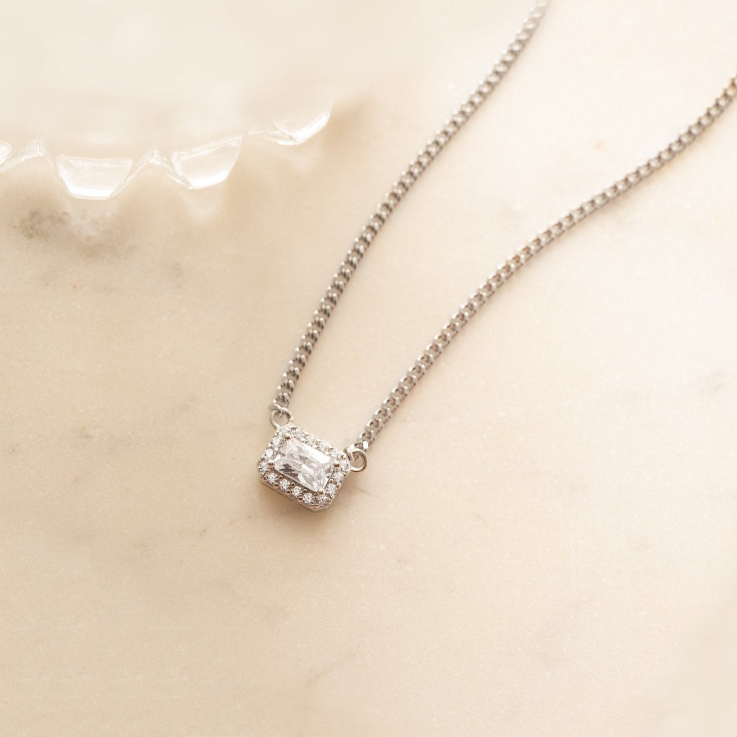 Halo Emerald Cut Necklace on Cuban Chain