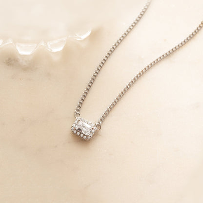Halo Emerald Cut Necklace on Cuban Chain