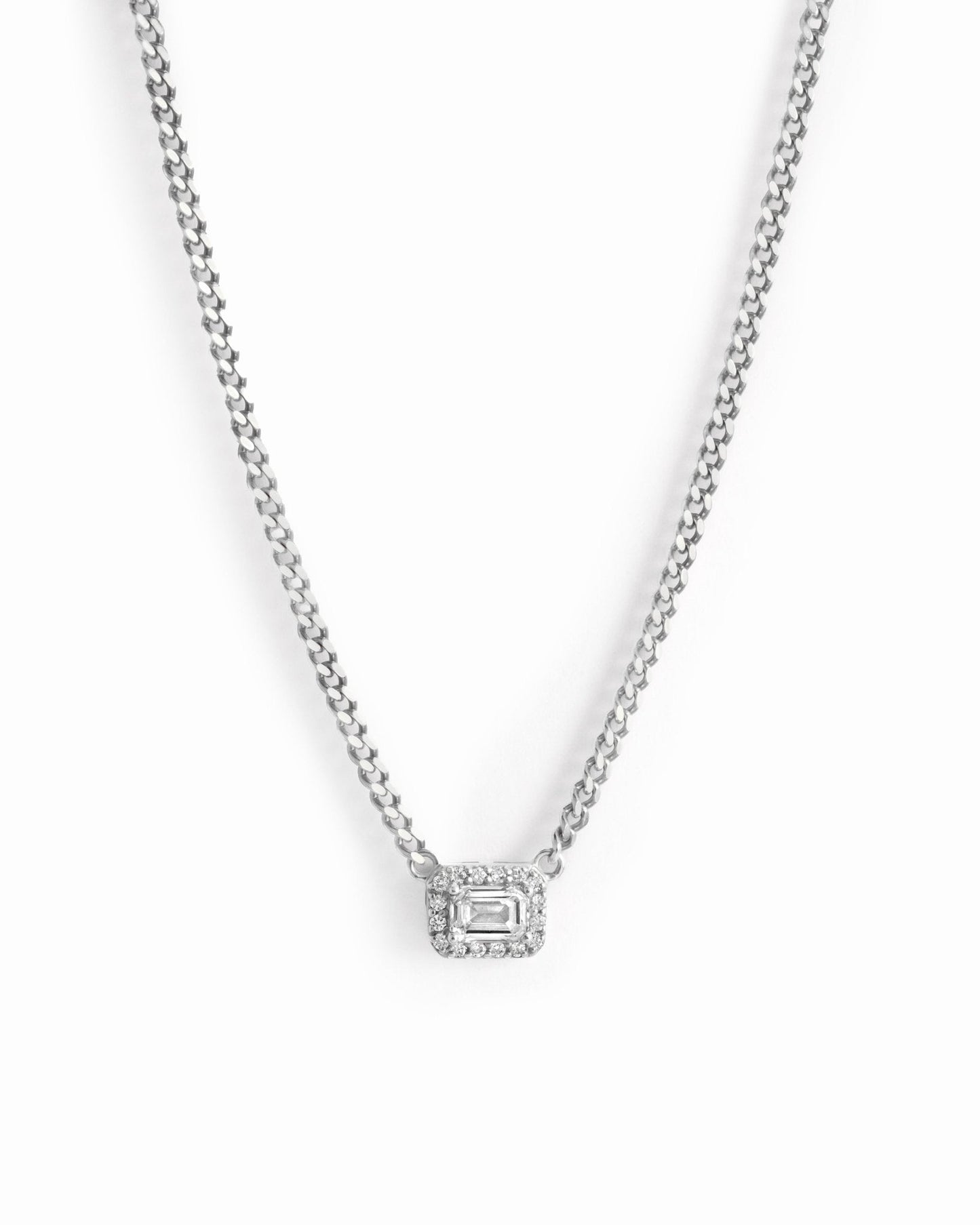 Halo Emerald Cut Necklace on Cuban Chain