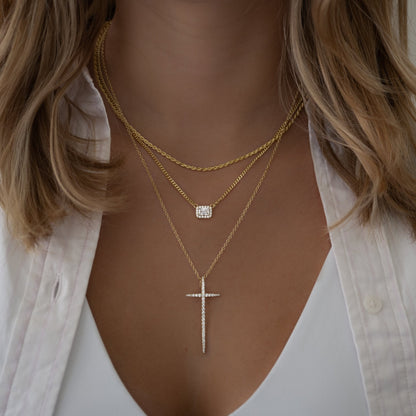 Halo Emerald Cut Necklace on Cuban Chain