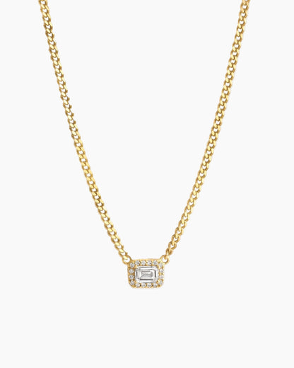 Halo Emerald Cut Necklace on Cuban Chain