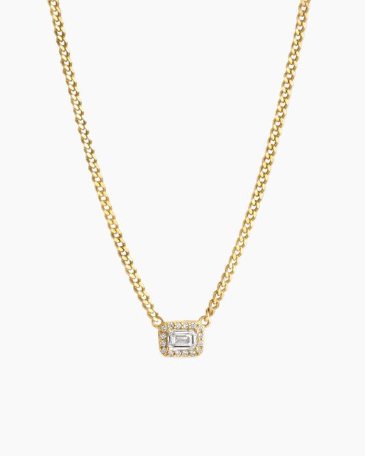 Halo Emerald Cut Necklace on Cuban Chain