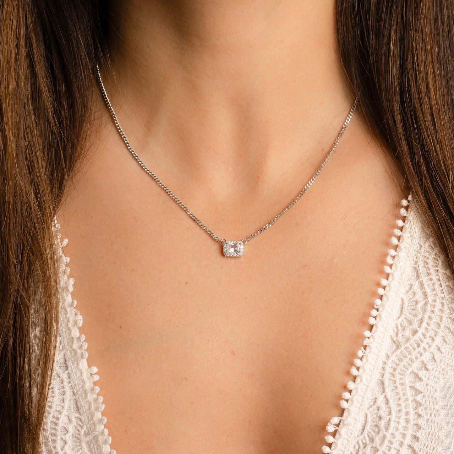 Halo Emerald Cut Necklace on Cuban Chain