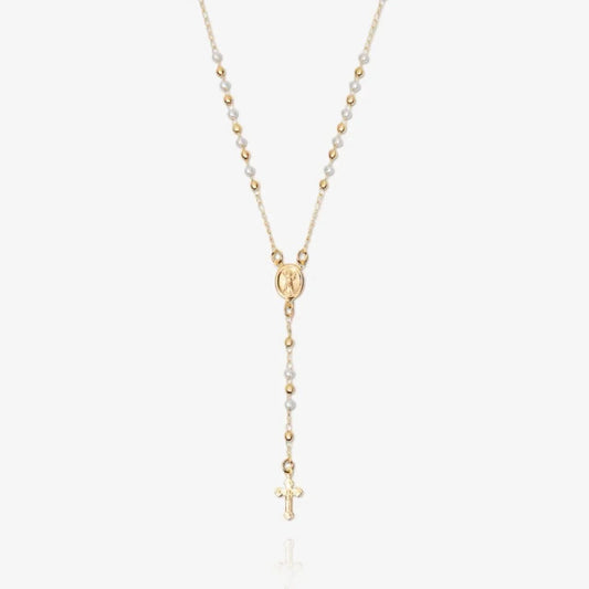 Mary Rosary Lariat Cross Necklace